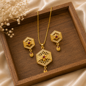 file_00000000dfdc8211b22bd9ae2d6bc4f4 Gold Plated Hexagon Floral Ruby Pendant Set