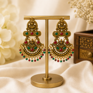 Antique Gold Temple Lakshmi Design Chandbali Earrings