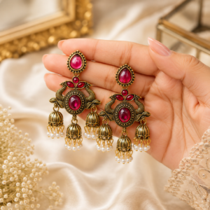 Antique Gold Peacock Design Triple Jhumka Earrings