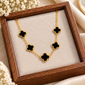 black_clover_necklace_wooden_tray_original-2 Gold Plated Black Clover Charm Chain Bracelet