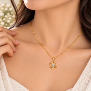 flower_necklace_model_original Gold Plated Fancy Flower AD Chain Pendant