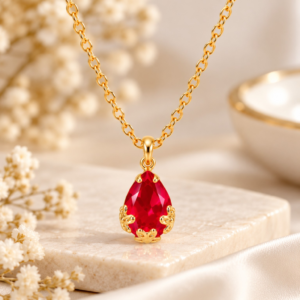 red_pendant_closeup_TRUE_PNG-1 Gold Plated Ruby Red Teardrop Pendant Chain