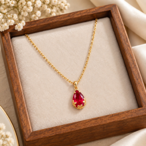 wooden_tray_necklace_TRUE_PNG Gold Plated Ruby Red Teardrop Pendant Chain