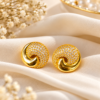 Gold Plated CZ Studded Swirl Design Stud Earrings