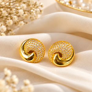 Gold Plated CZ Studded Swirl Design Stud Earrings