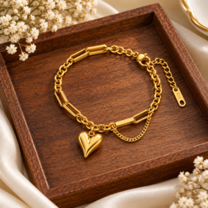 heart_bracelet_brown_wooden_tray_original_2eaf0017-2 Gold Plated Puffy Heart Charm Bracelet